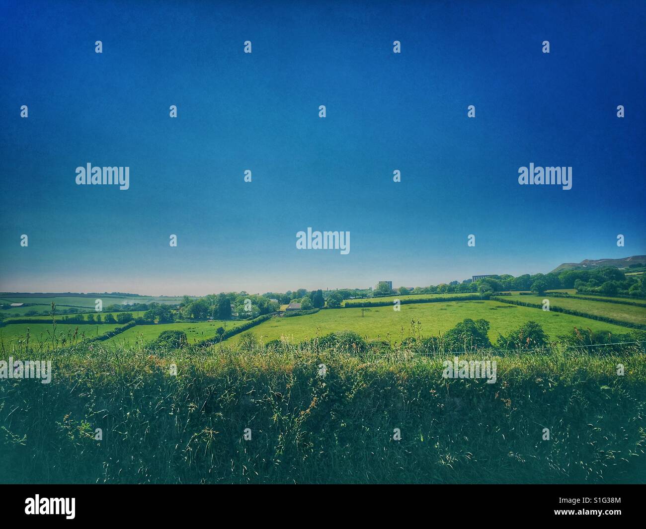 Scenic view of rural countryside in Cornwall UK with brilliant blue sky and lush green fields. Cornish landscape with vintage filter. Stock Photo