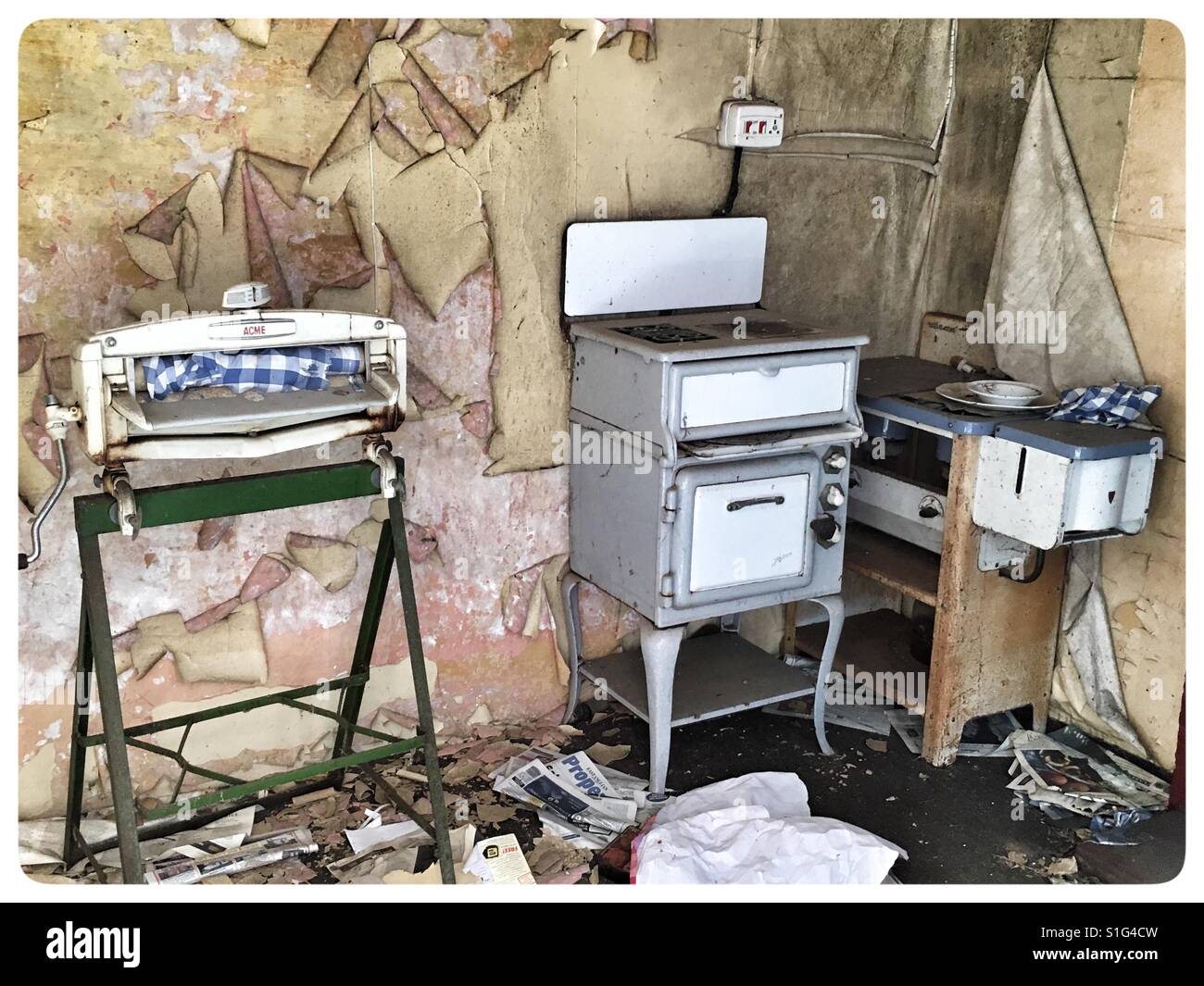 1950's Kitchen Appliances in an abandoned farm cottage. Stock Photo