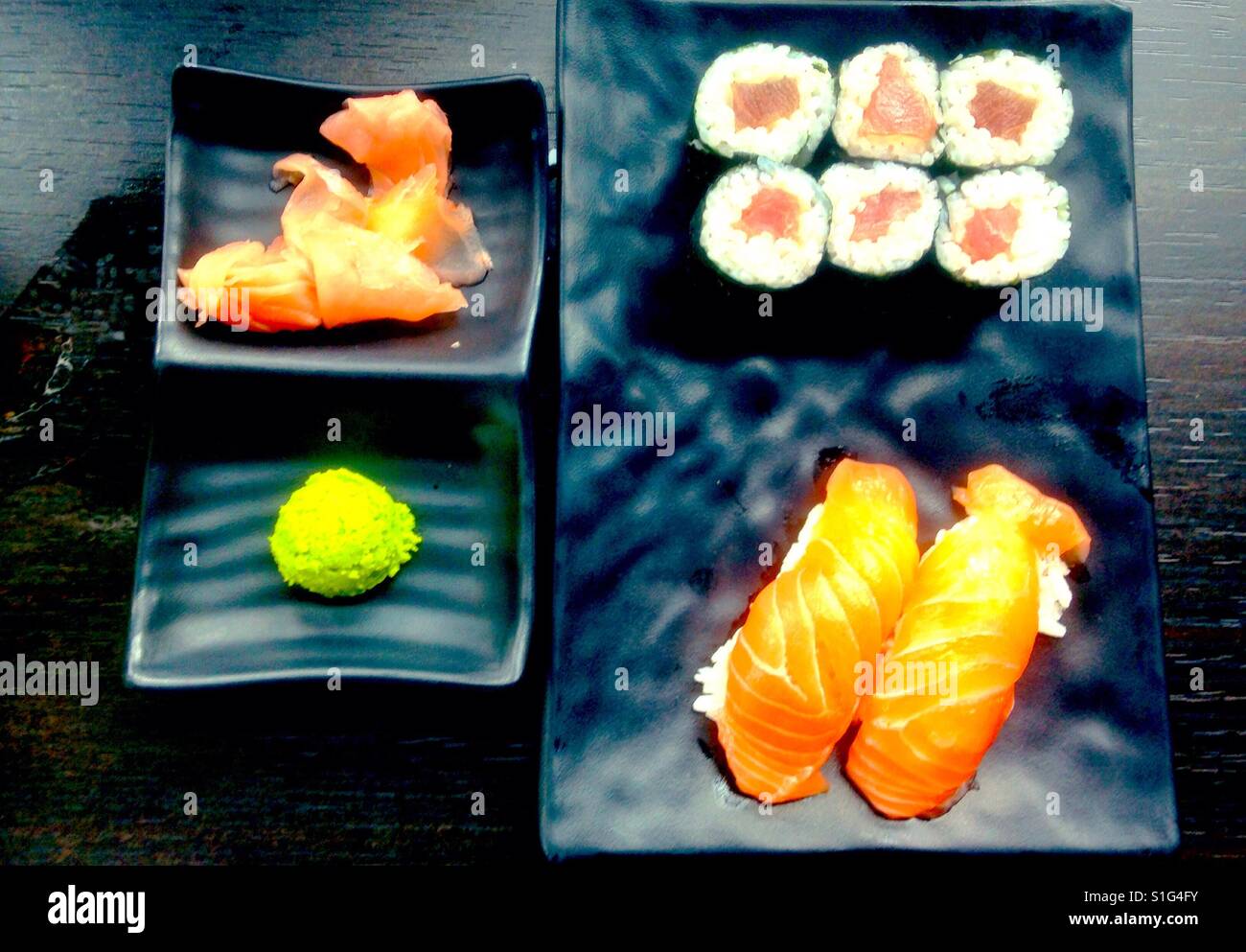 Japanese sushi with pickled ginger and wasabi paste, - Smartphone Captured Stock Image