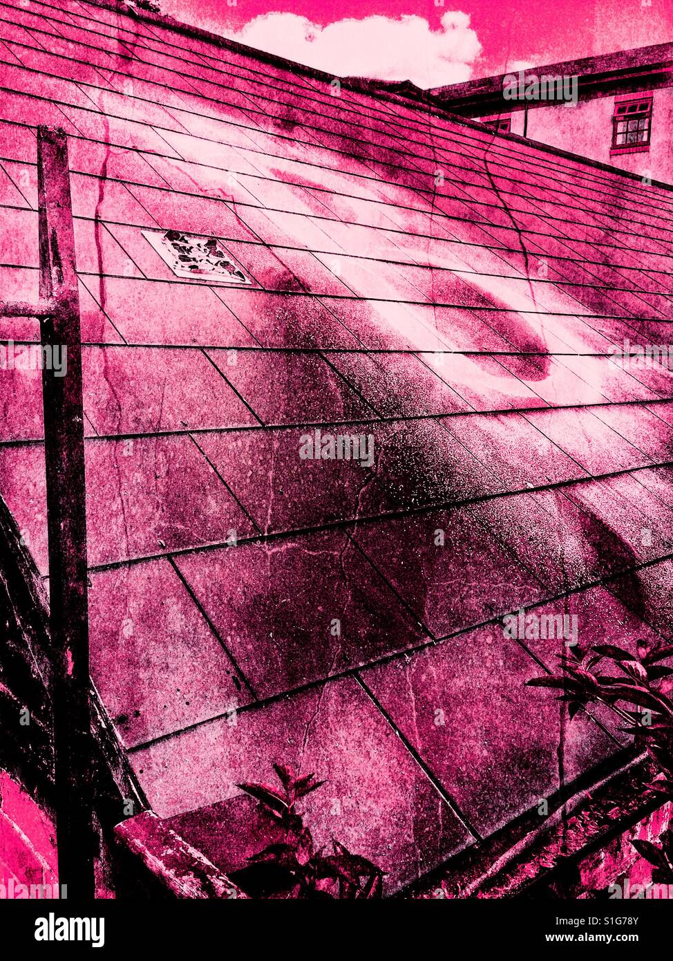 Pink cracked letter B sprayed on rooftop - Smartphone Captured Stock Image