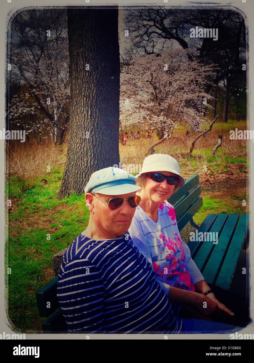 Elderly couple sitting on park bench. Stock Photo