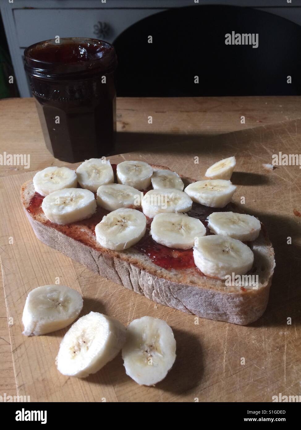 Banana and jam on toast a British children's breakfast favourite