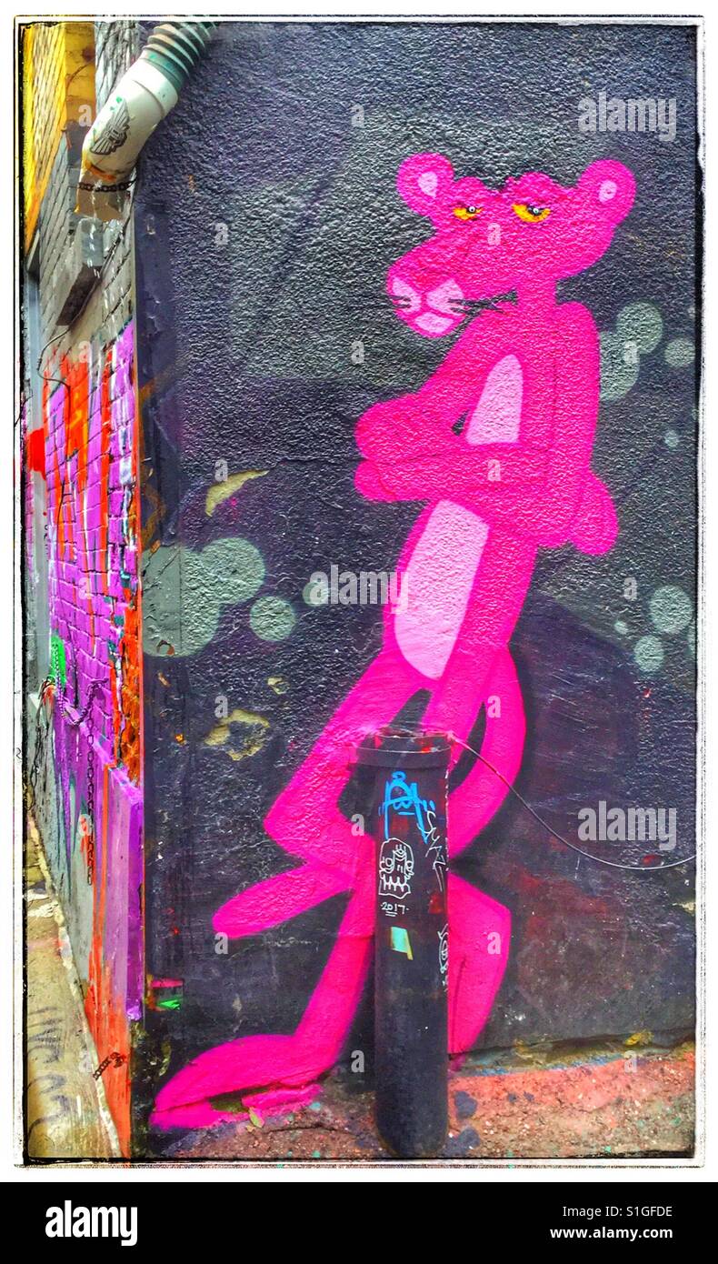 The Pink Panther is just around the corner in Graffiti Alley in Toronto, Canada. Stock Photo