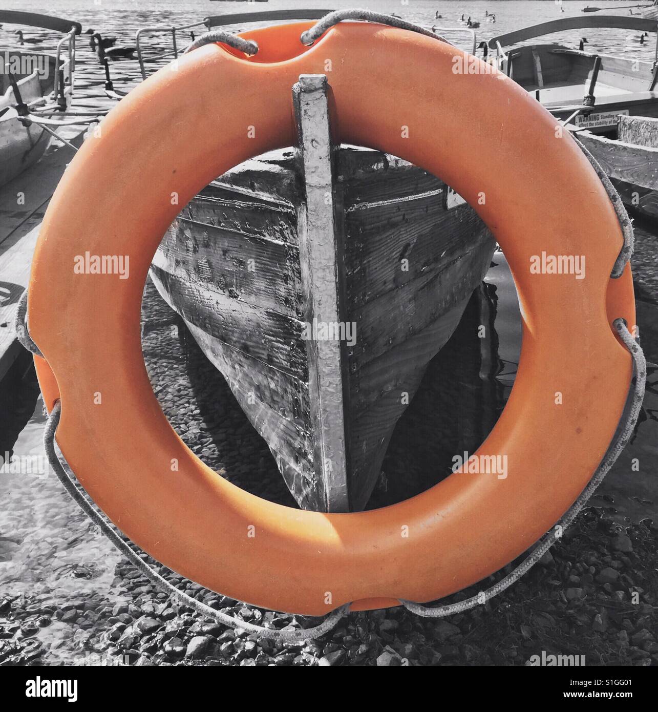Life ring on wooden boat Stock Photo Alamy