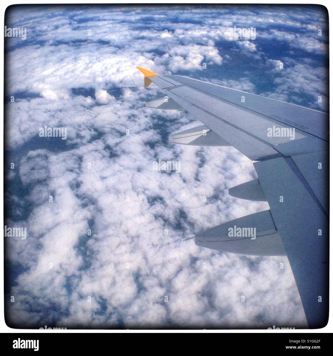 The view from seat 19A on a Monarch Airways flight from Leeds Bradford Airport, UK. - Smartphone Captured Stock Image