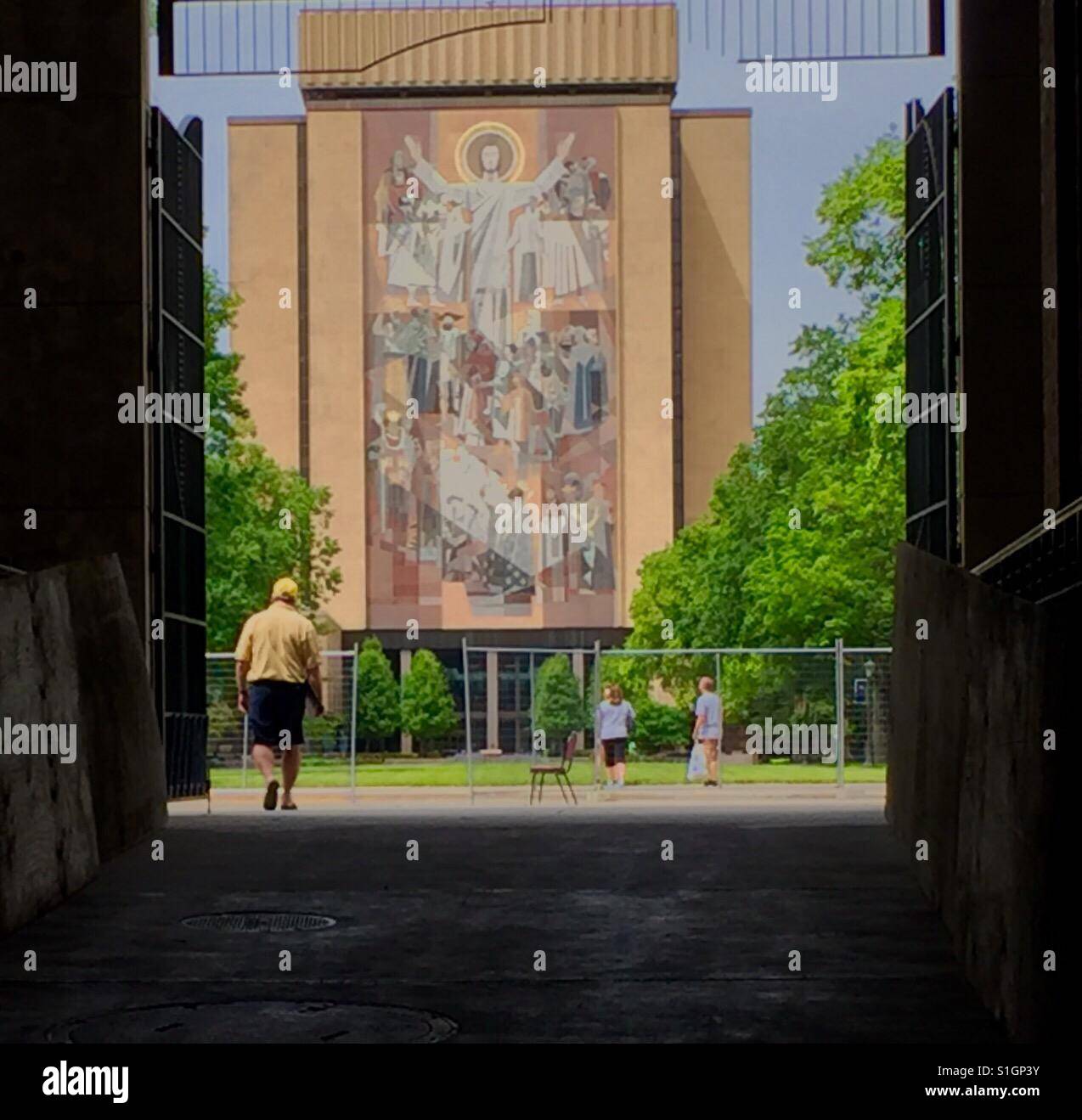 'Touch Down Jesus', 'Word of Life' Mural as seen from inside the stadium gate where the team exits,  the University of Notre Dame, Notre Dame, Indiana Stock Photo