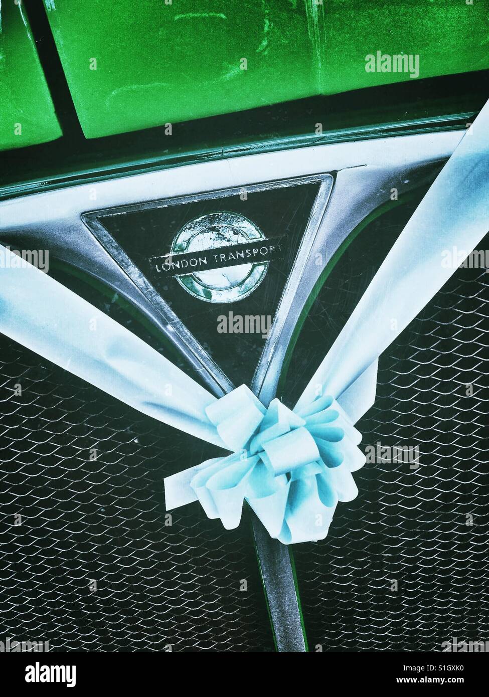 Wedding ribbon on routemaster bus - Smartphone Captured Stock Image