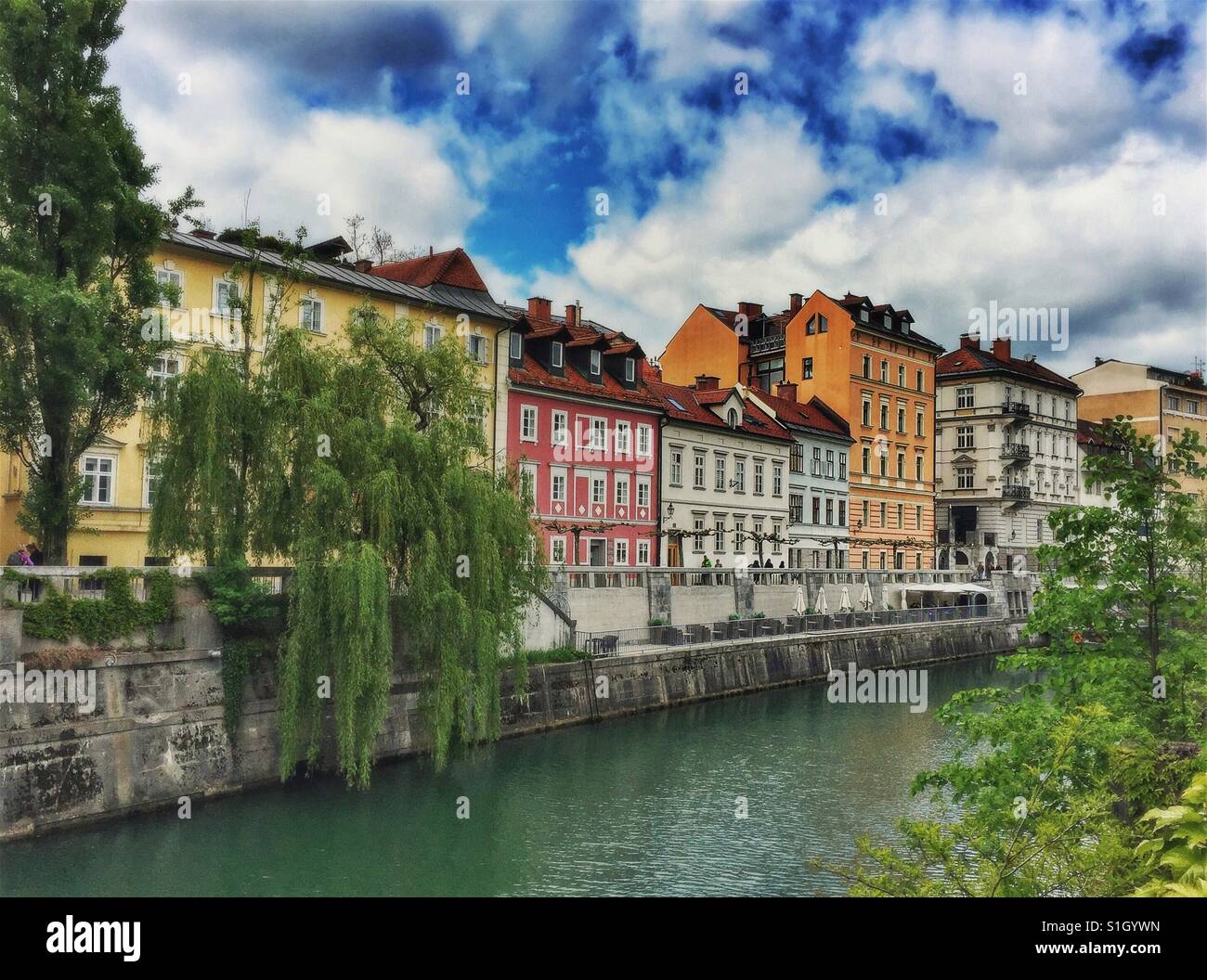 Old city centre embankment, Ljubljana, Slovenia - Smartphone Captured Stock Image