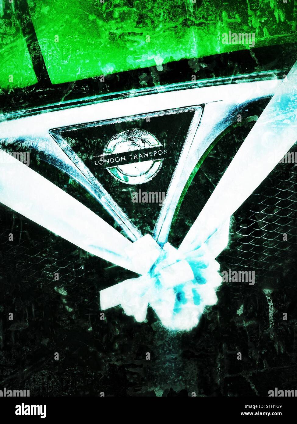 Routemaster bus decorated with blue wedding ribbon - Smartphone Captured Stock Image