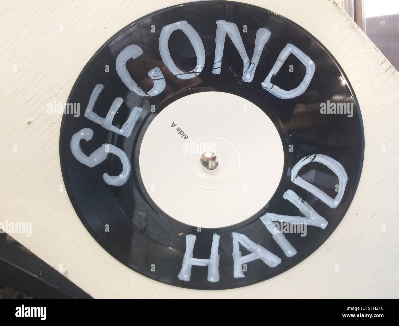 Second hand Vinyl record sign at eel pie records shop twickenham U.K. - Smartphone Captured Stock Image