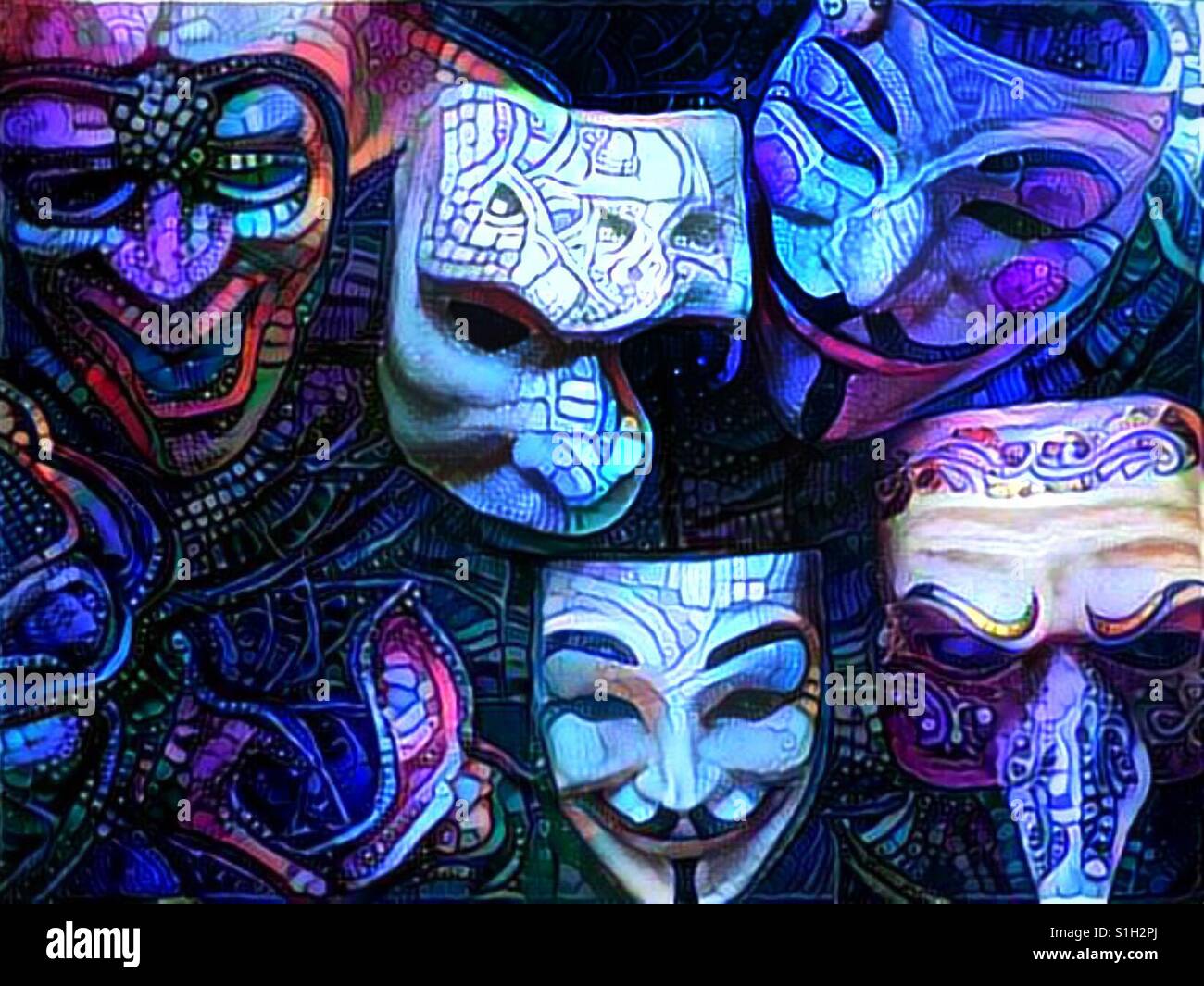 An abstract digital artwork of many masks, including the mask representing Anonymous Stock Photo