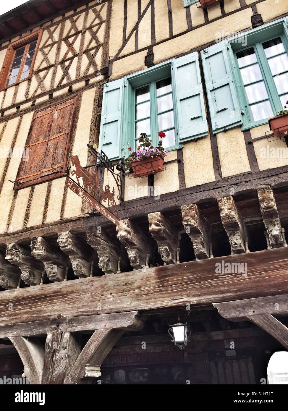 Timber framed house on market square of Mirepoix, Carcassonne, Languedoc Roussillon - Smartphone Captured Stock Image