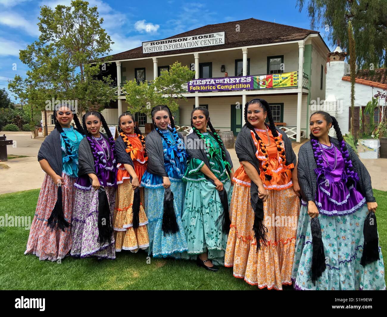 Old Town State Historic Park, San Diego, California, USA - May 7, 2016: Cinco de Mayo Festival dancers displaying their colorful dresses. Stock Photo