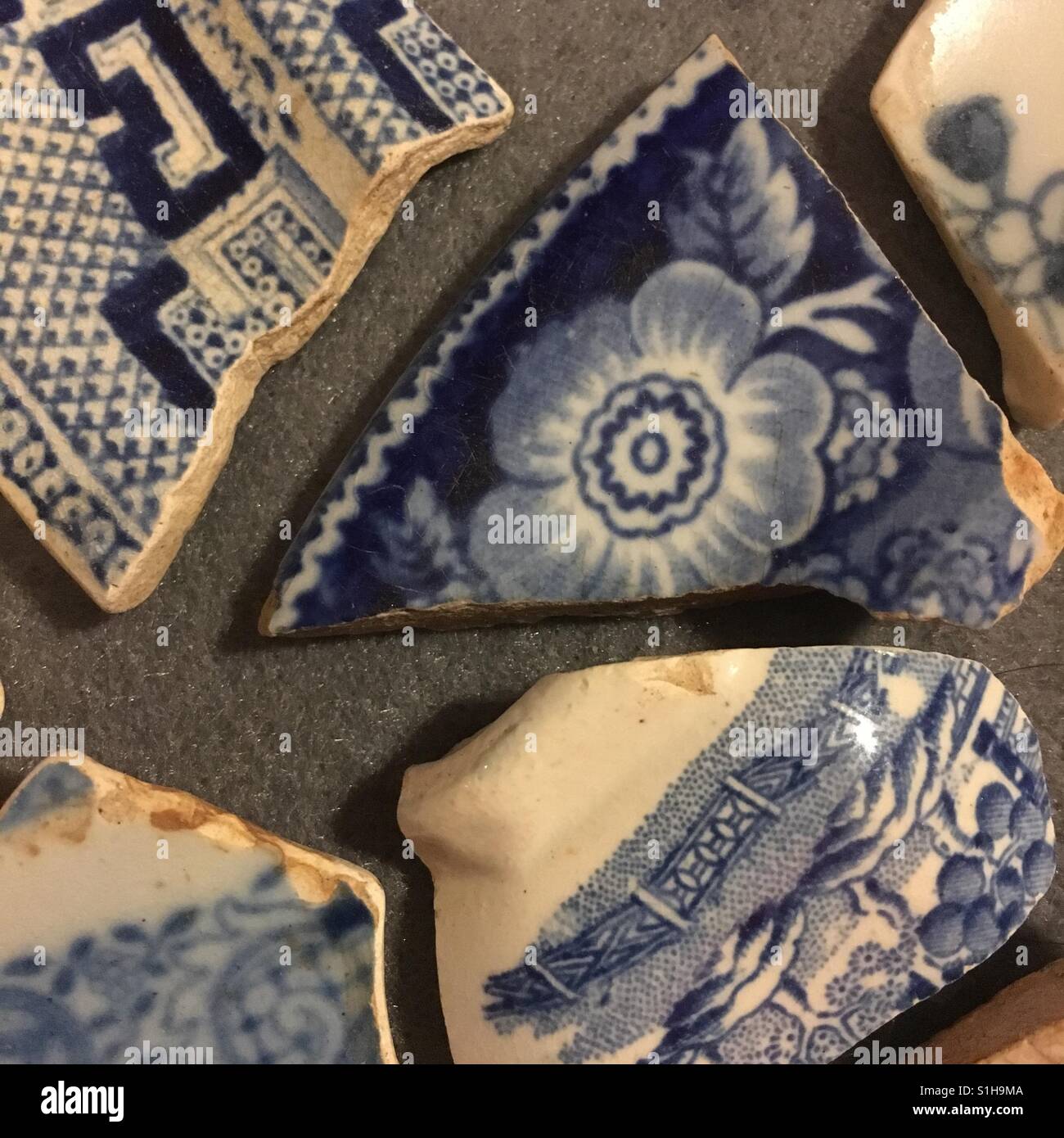 Shards of blue and white China found in the river ranging from early to late Victorian period arranged in shadow box Stock Photo