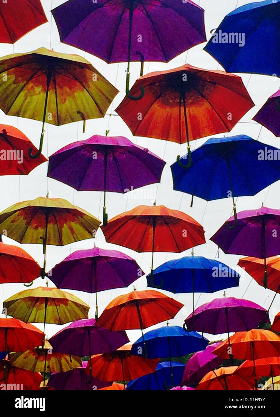 Umbrellas multicoloured suspended above  outdoor shopping arcades in Bath Spa Wiltshire. - Smartphone Captured Stock Image