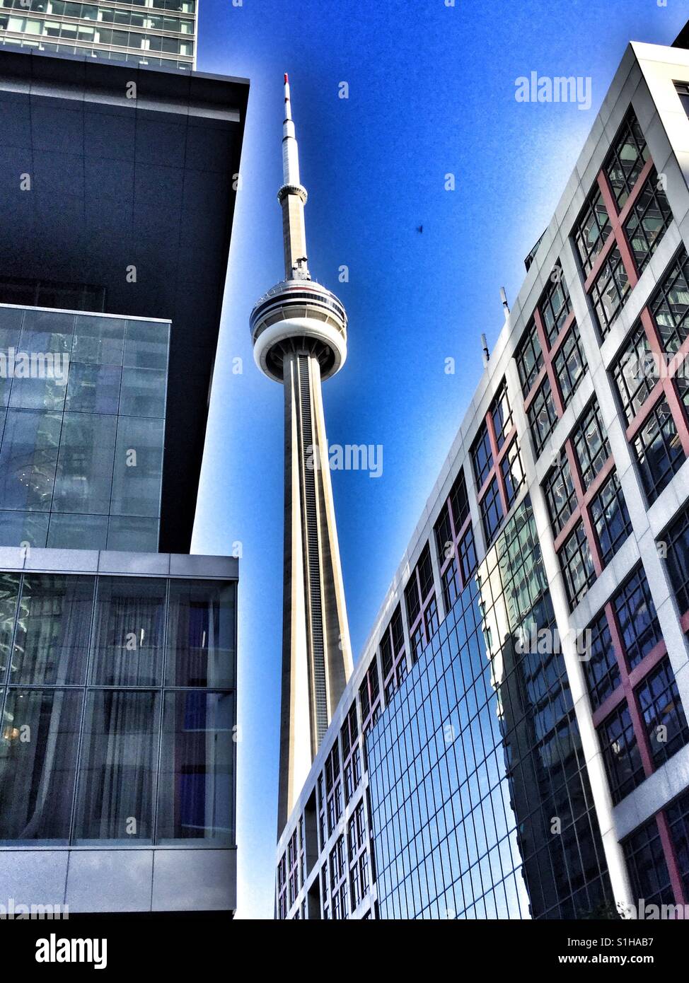 CN Tower between two buildings. Stock Photo