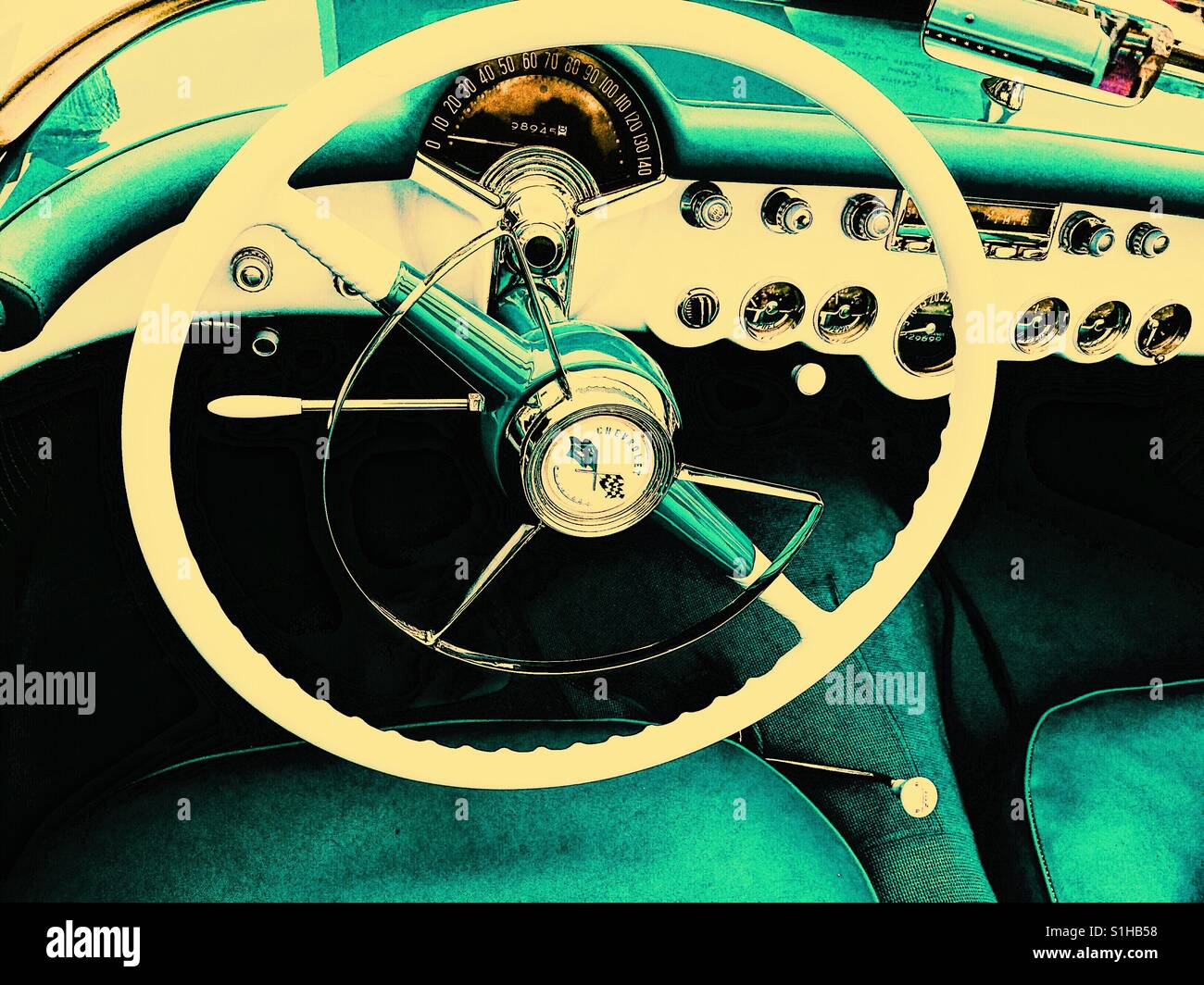 Steering wheel of 1954 Chevrolet Corvette convertible - Smartphone Captured Stock Image