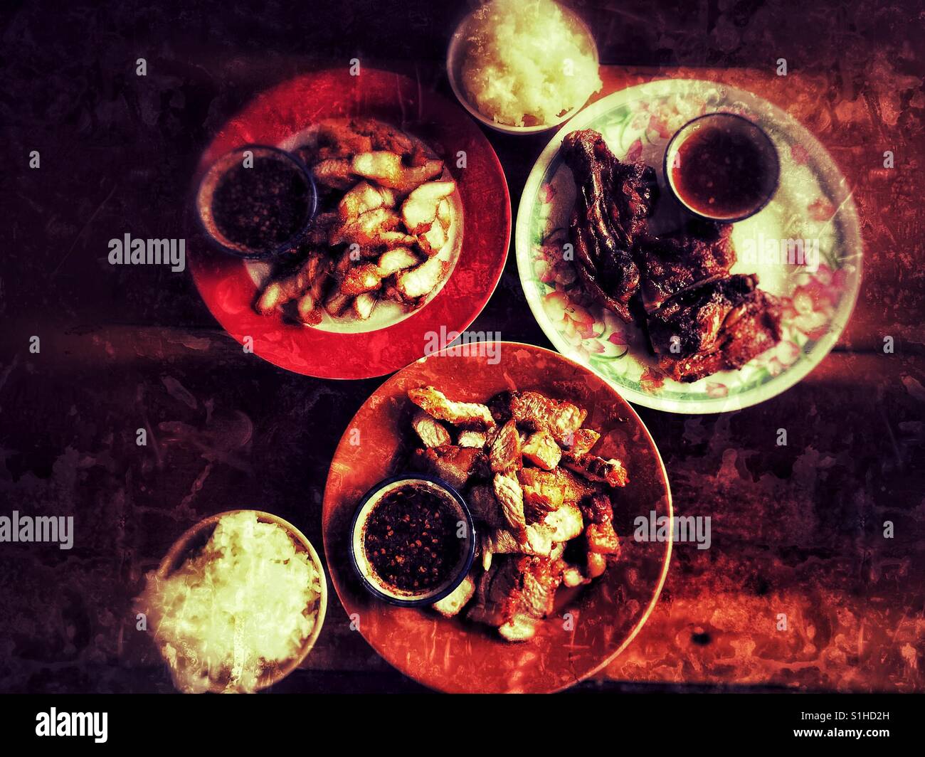 Thai bbq pork and chicken with sticky rice in Koh Phayam Stock Photo
