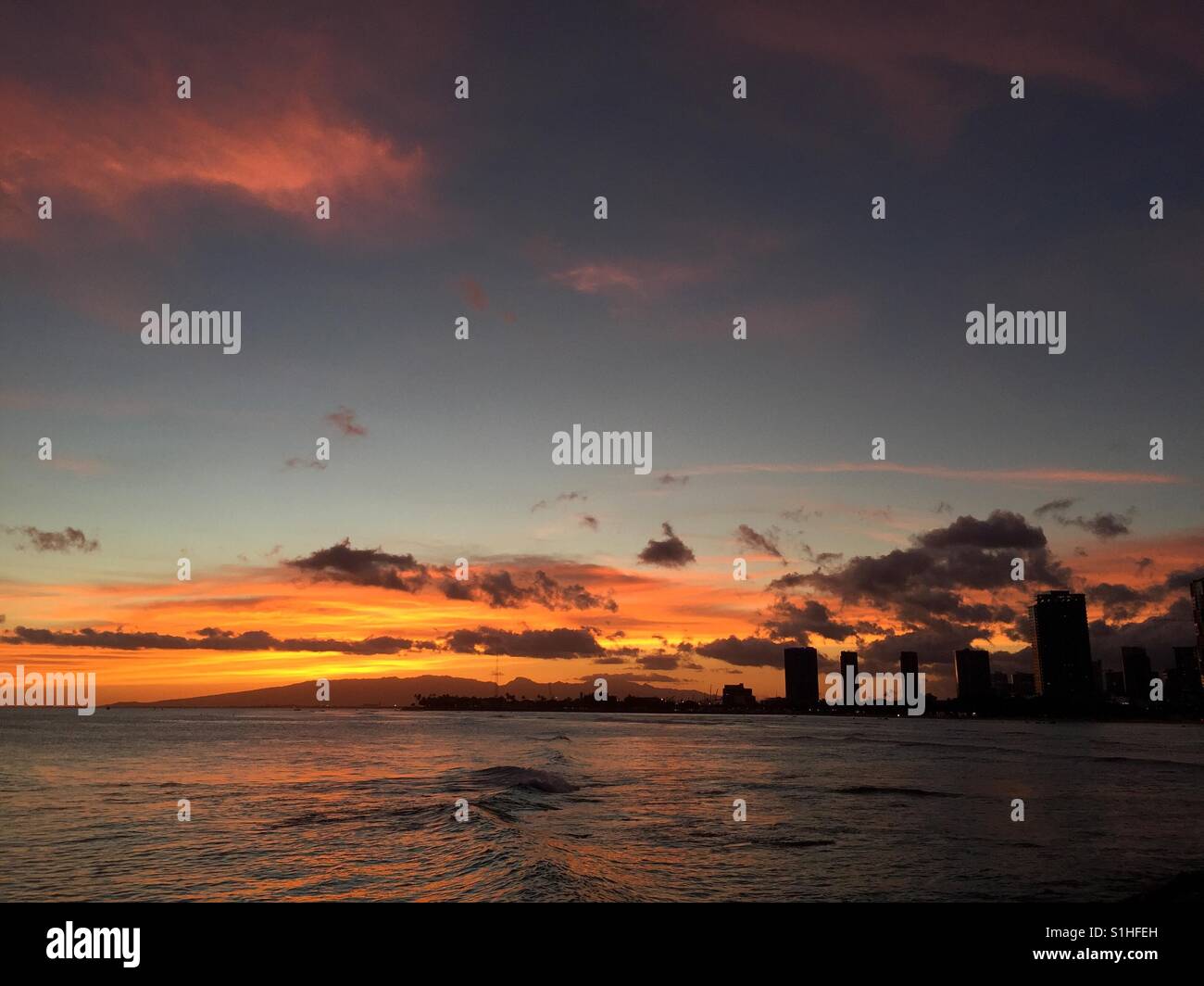Sunset at ala moana beach park, Hawaii - Smartphone Captured Stock Image