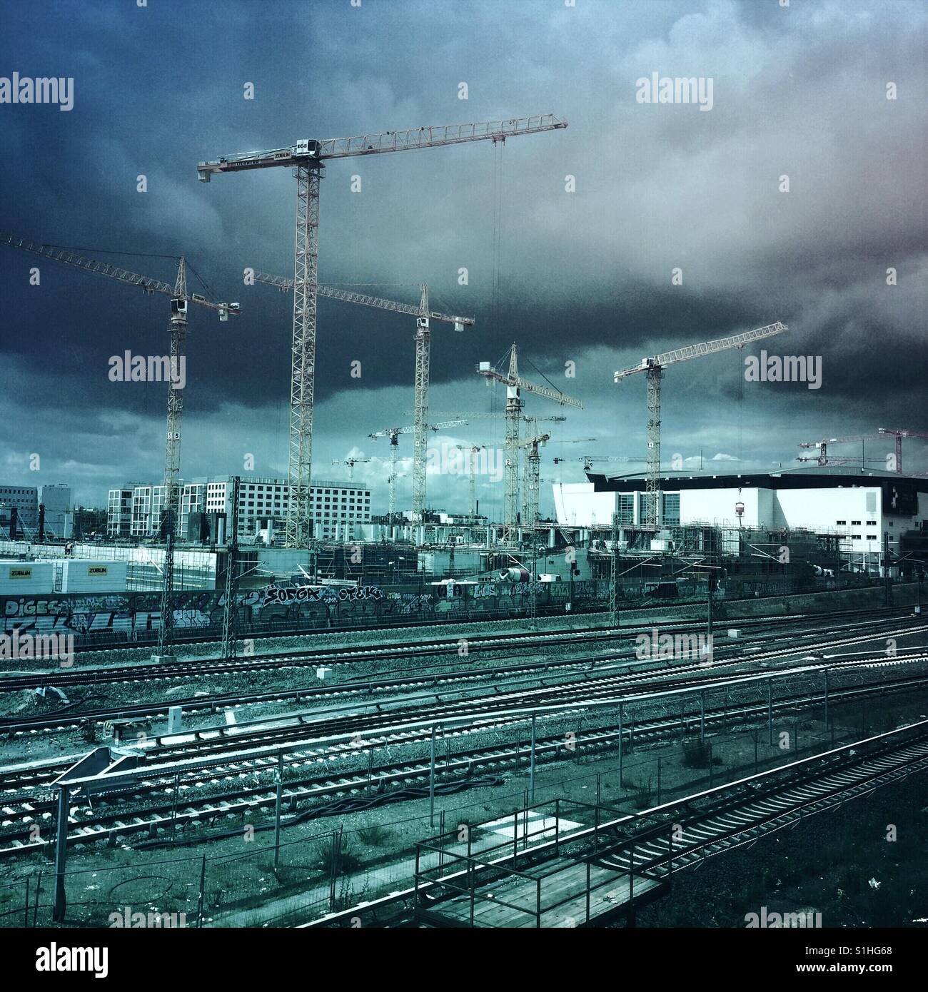 Building Cranes over Berlin Germany Stock Photo