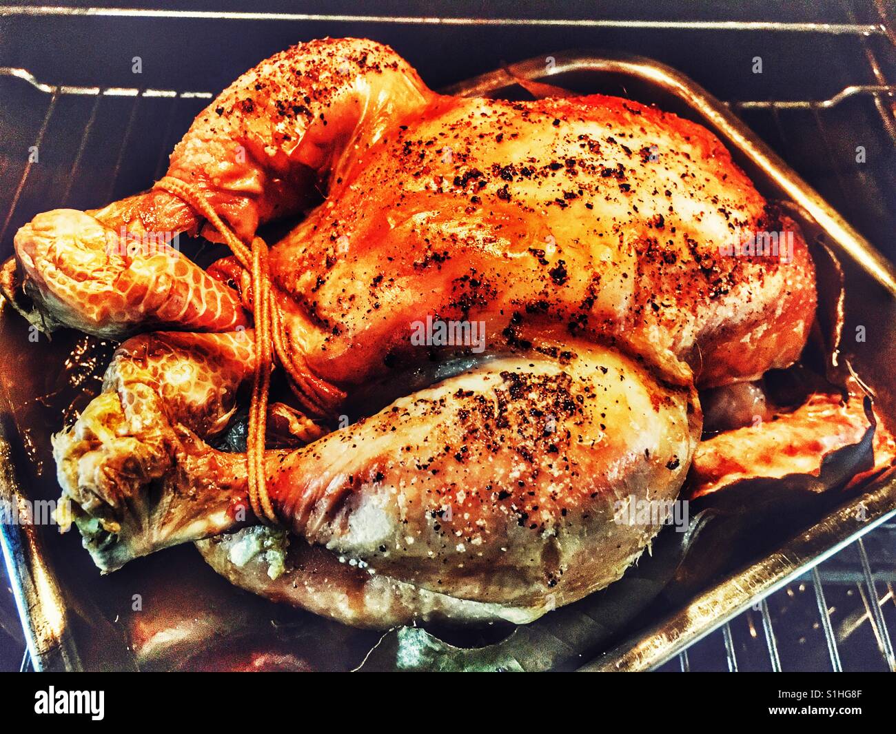 Roast chicken in oven Stock Photo Alamy