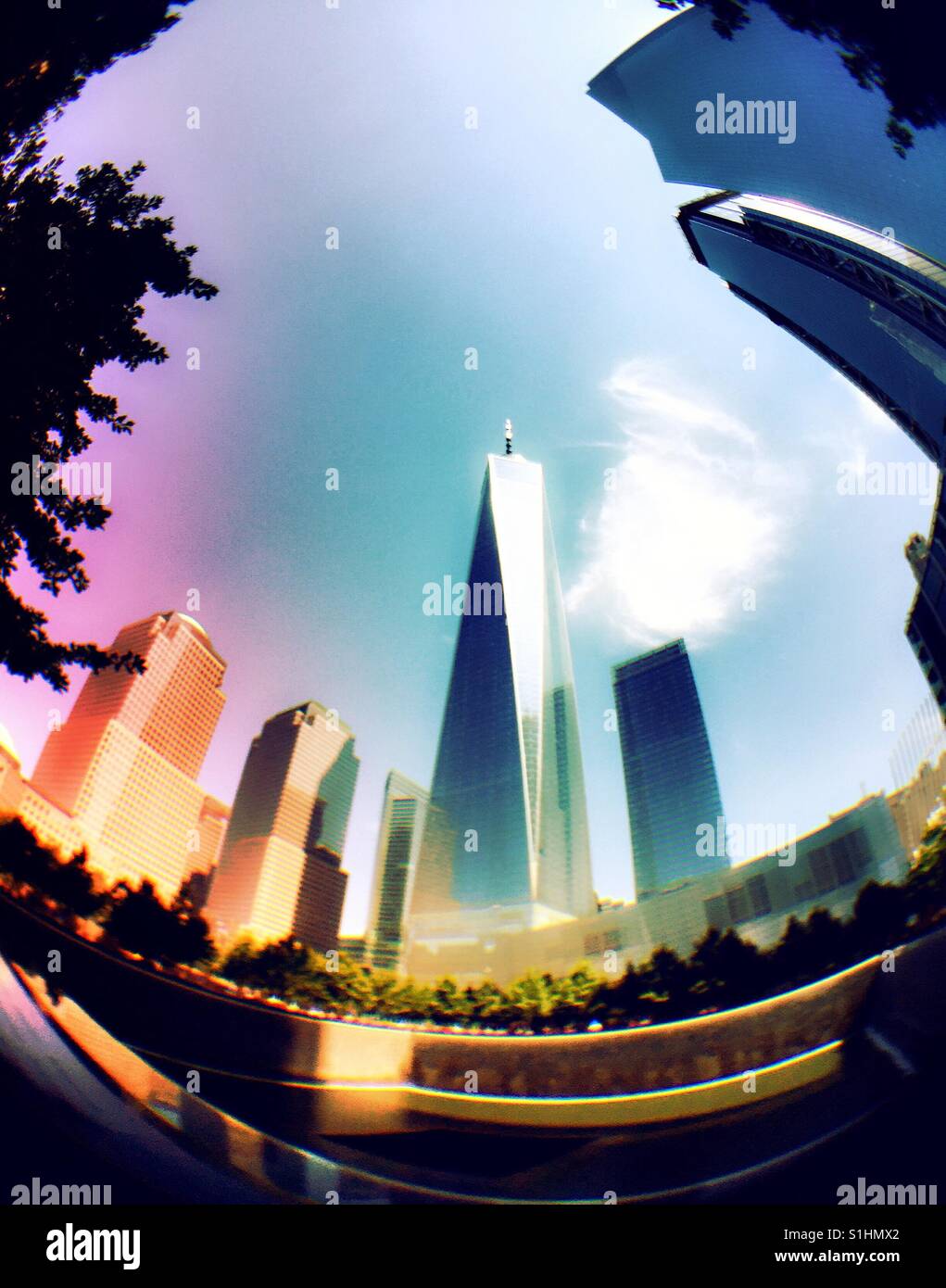 Fish Eye lens view of one world trade and the 911 Memorial, NYC, USA - Smartphone Captured Stock Image