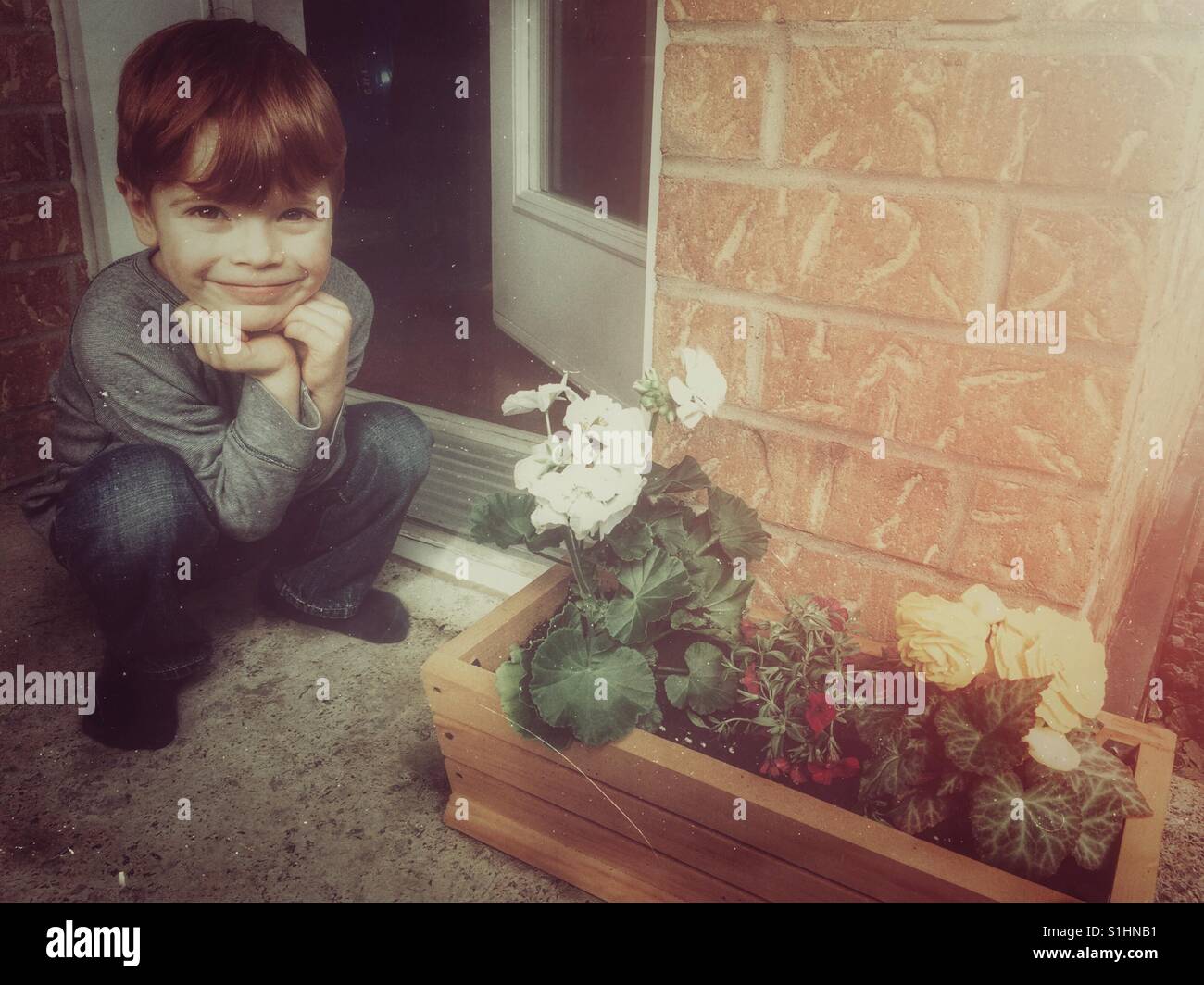 Young boy showing gift of Mother's Day flowers Stock Photo