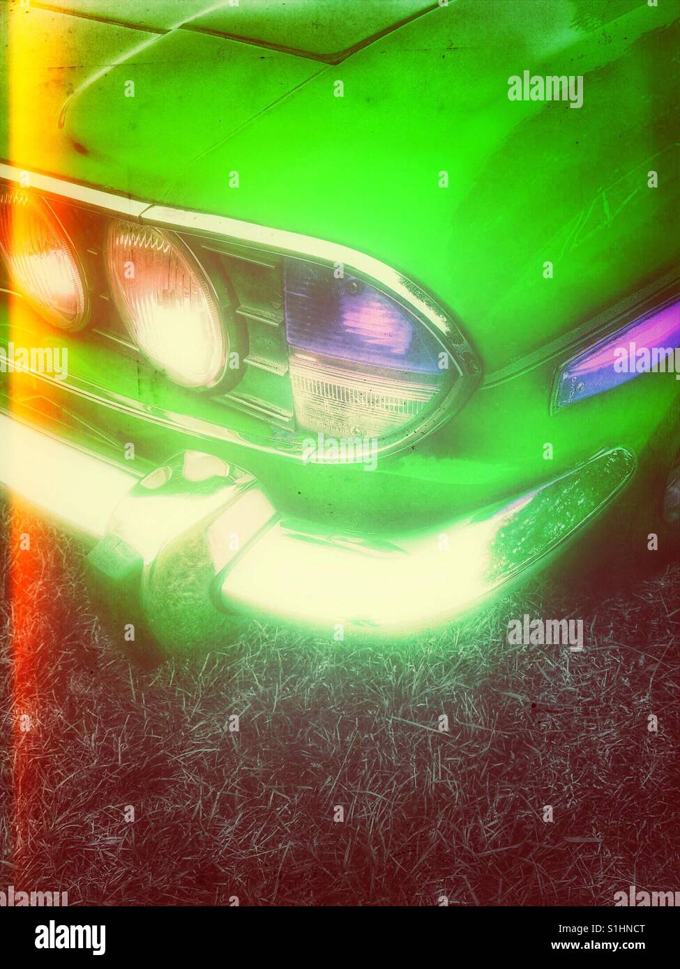 Classic car bumper and headlights Stock Photo Alamy