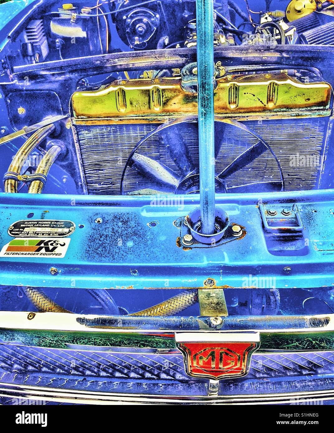 Blue MG classic car engine - Smartphone Captured Stock Image