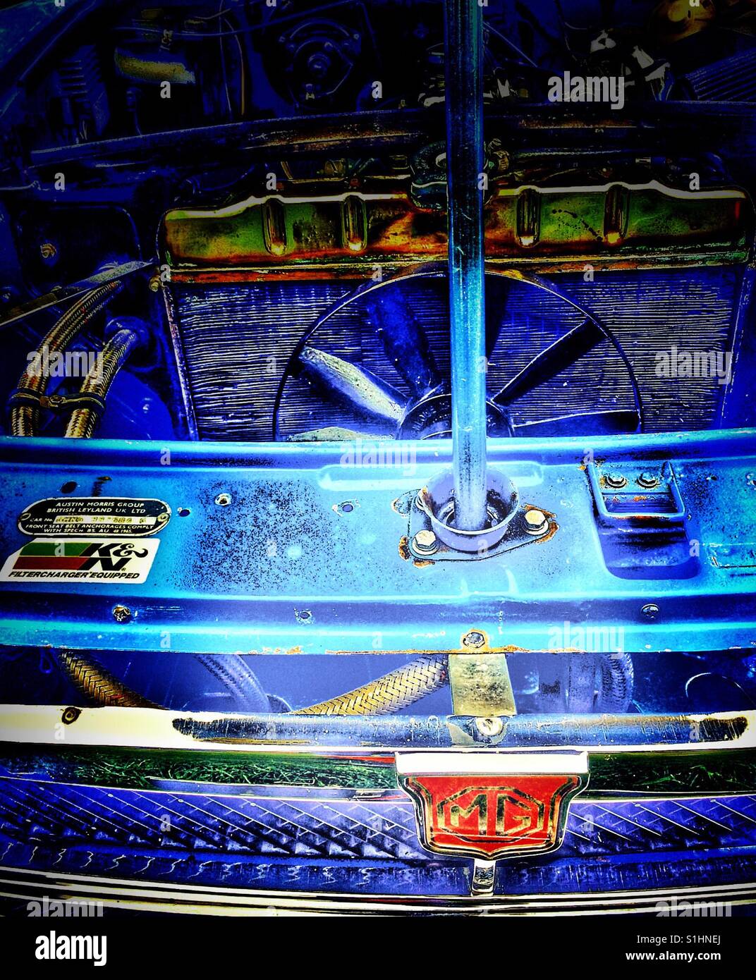 Blue MG classic car engine - Smartphone Captured Stock Image