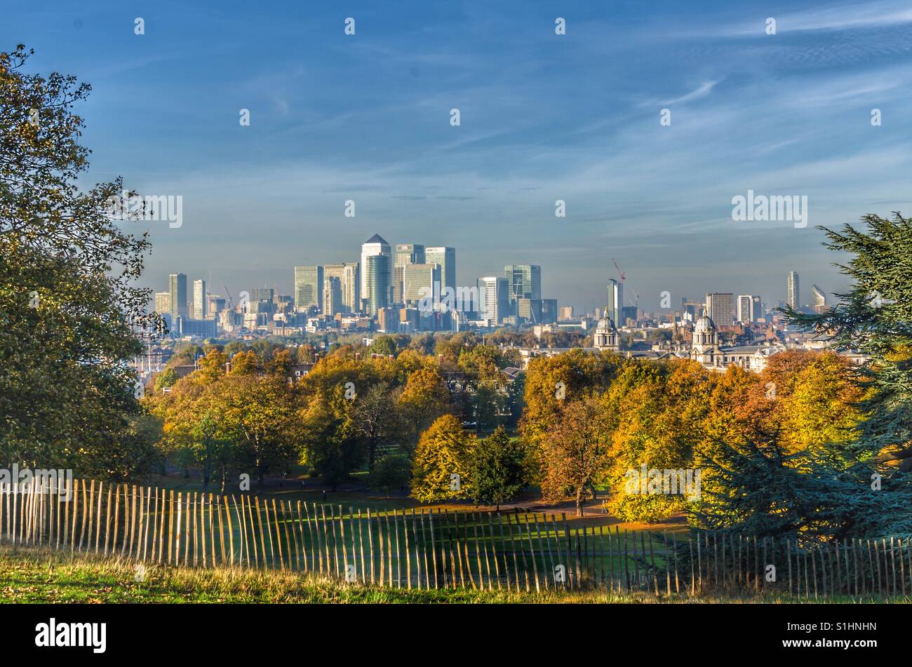 Canary Wharf viewed from Greenwich Park, London Stock Photo