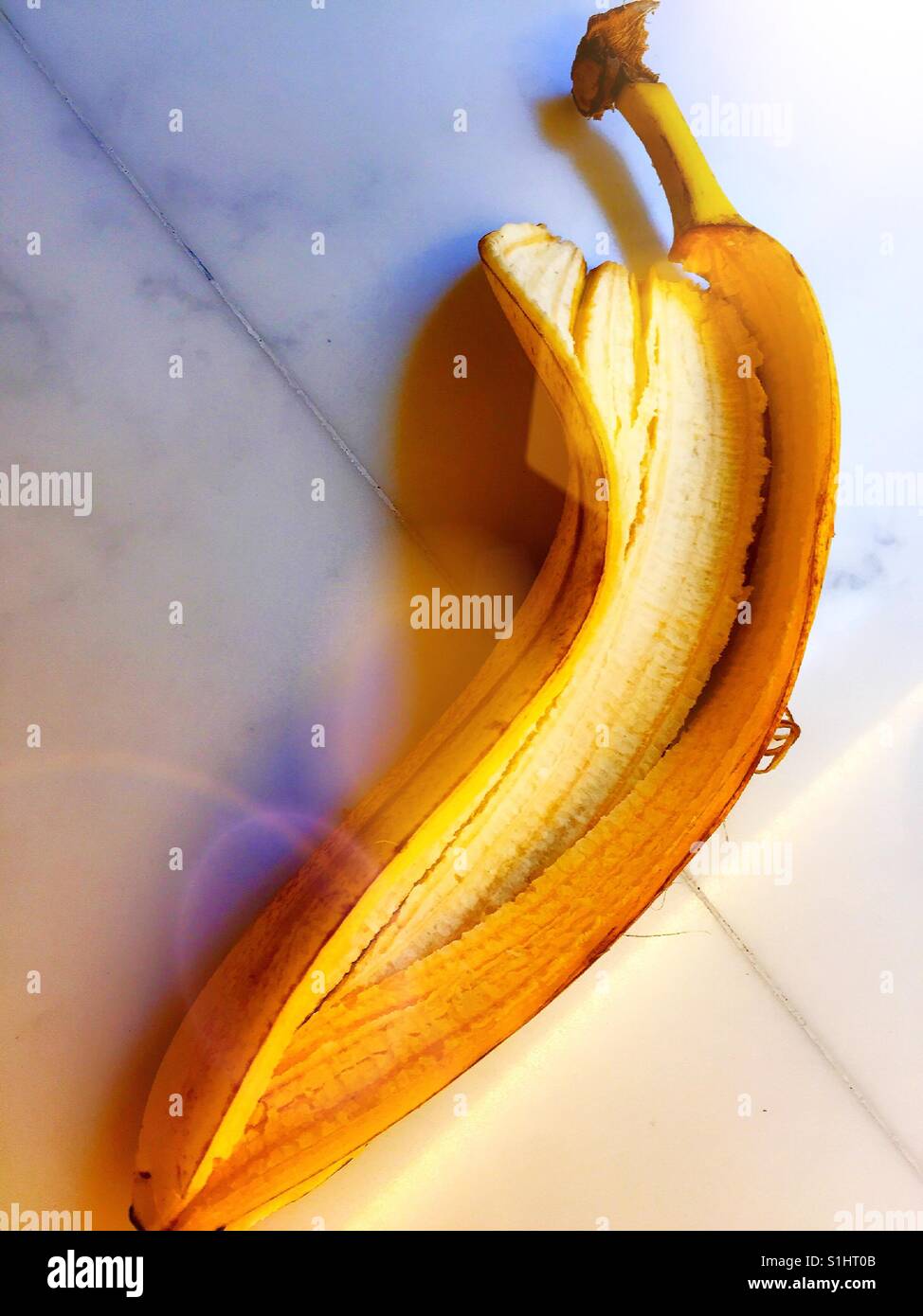 Close up of ripe banana peel with fruit removed - Smartphone Captured Stock Image