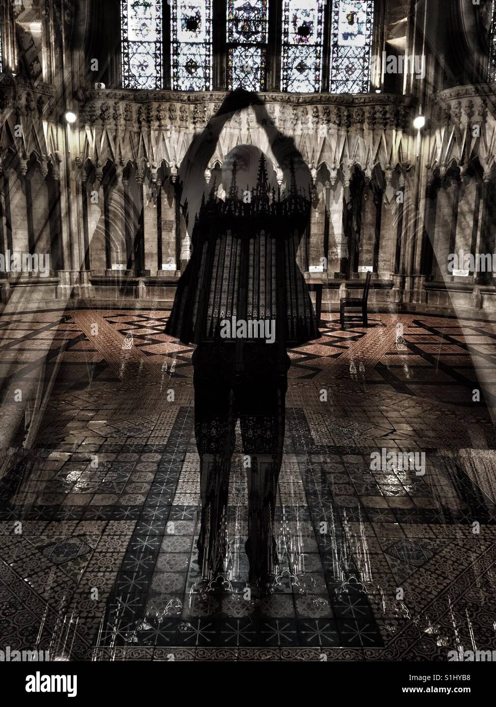 Tourist taking photo of a cathedral ceiling, double exposure - Smartphone Captured Stock Image