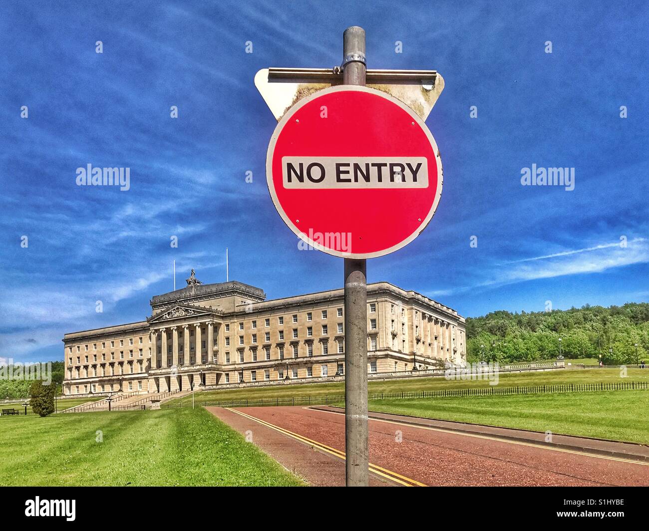 A No Entry sign on an approach road within the Stormont Estate. Behind