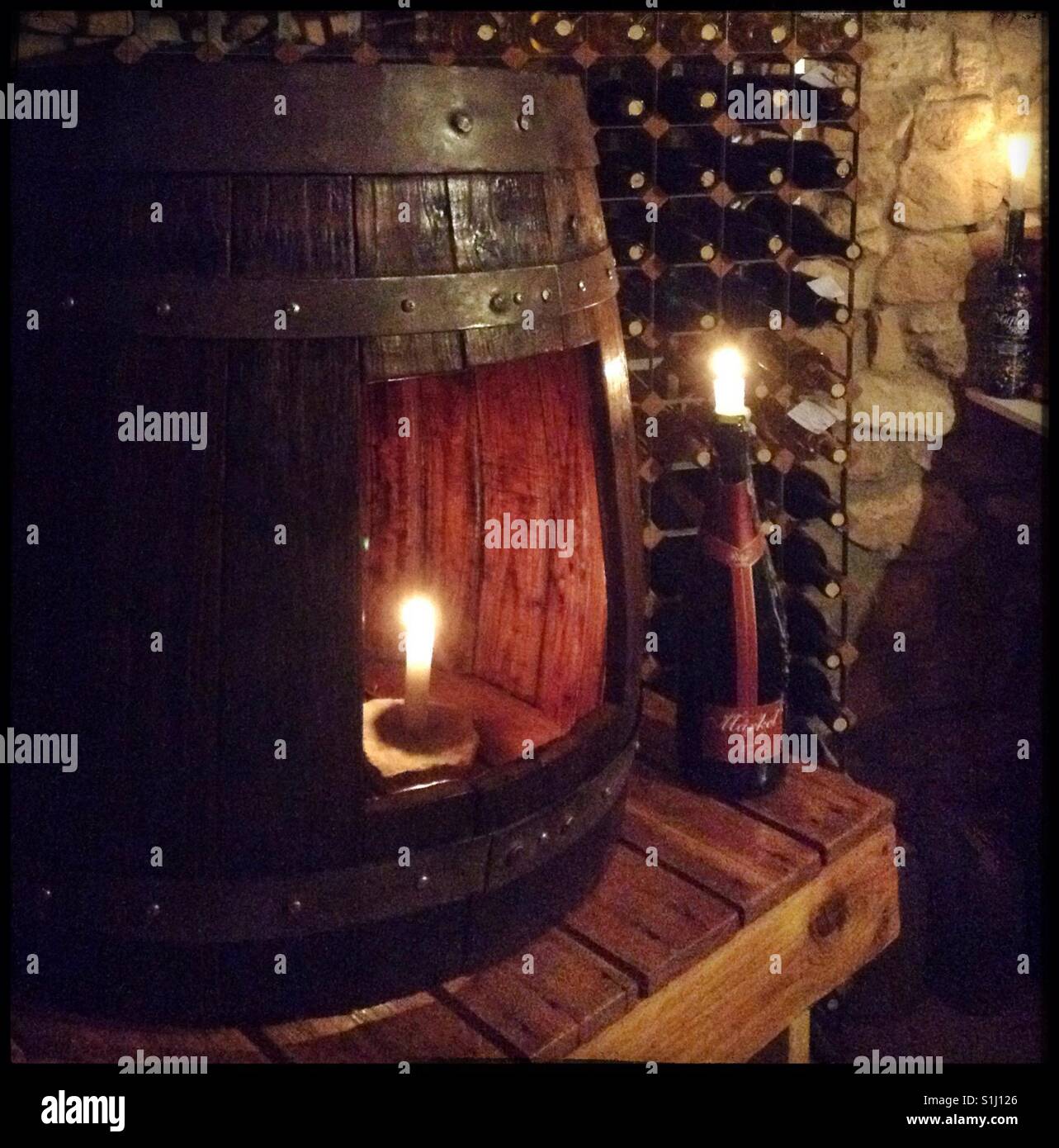 Barrel used for dégorgement [disgorging] in the production of traditional method sparkling wine, Catalonia, Spain. - Smartphone Captured Stock Image