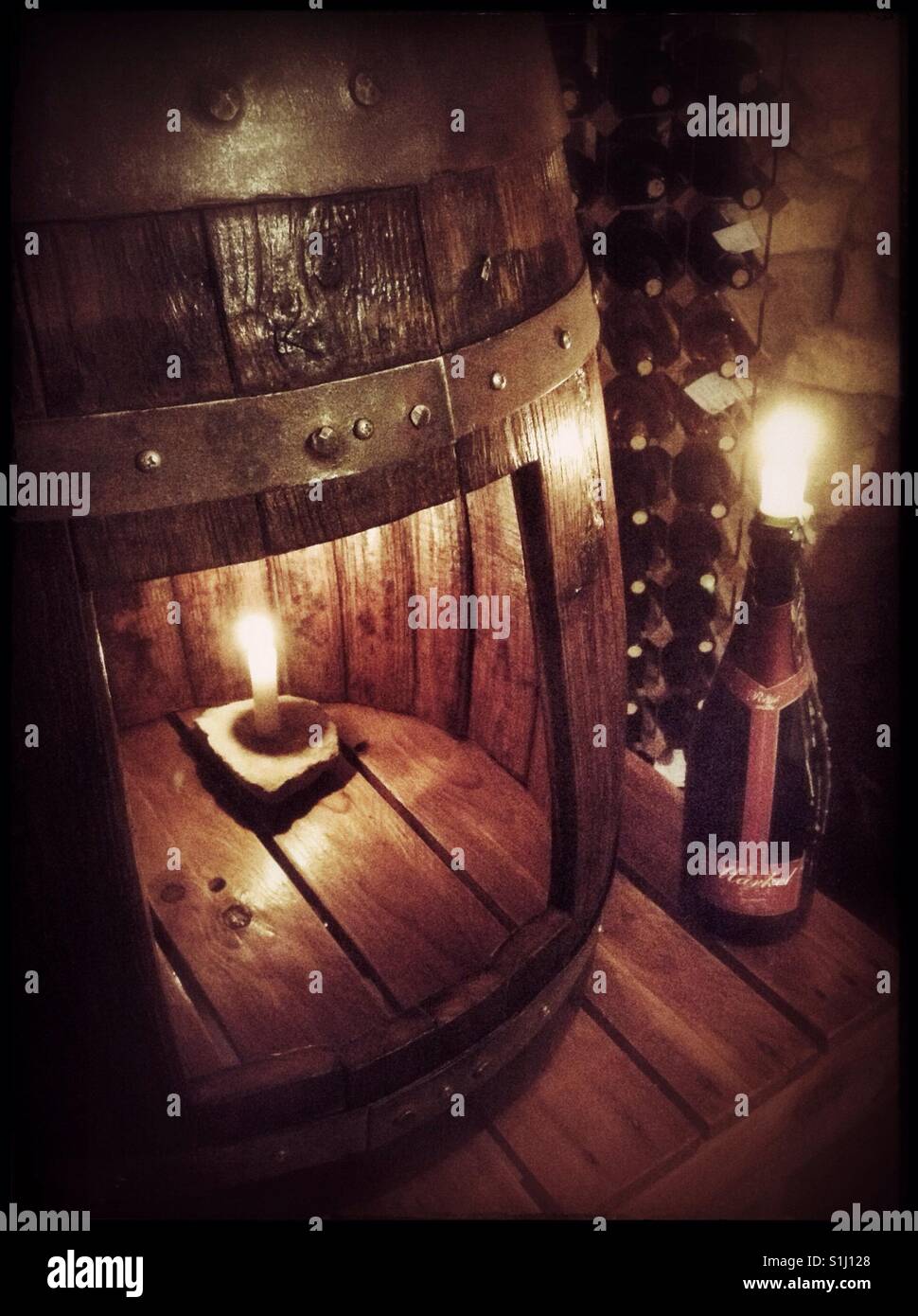 Barrel used for dégorgement [disgorging] in the production of traditional method sparkling wine, Catalonia, Spain. - Smartphone Captured Stock Image