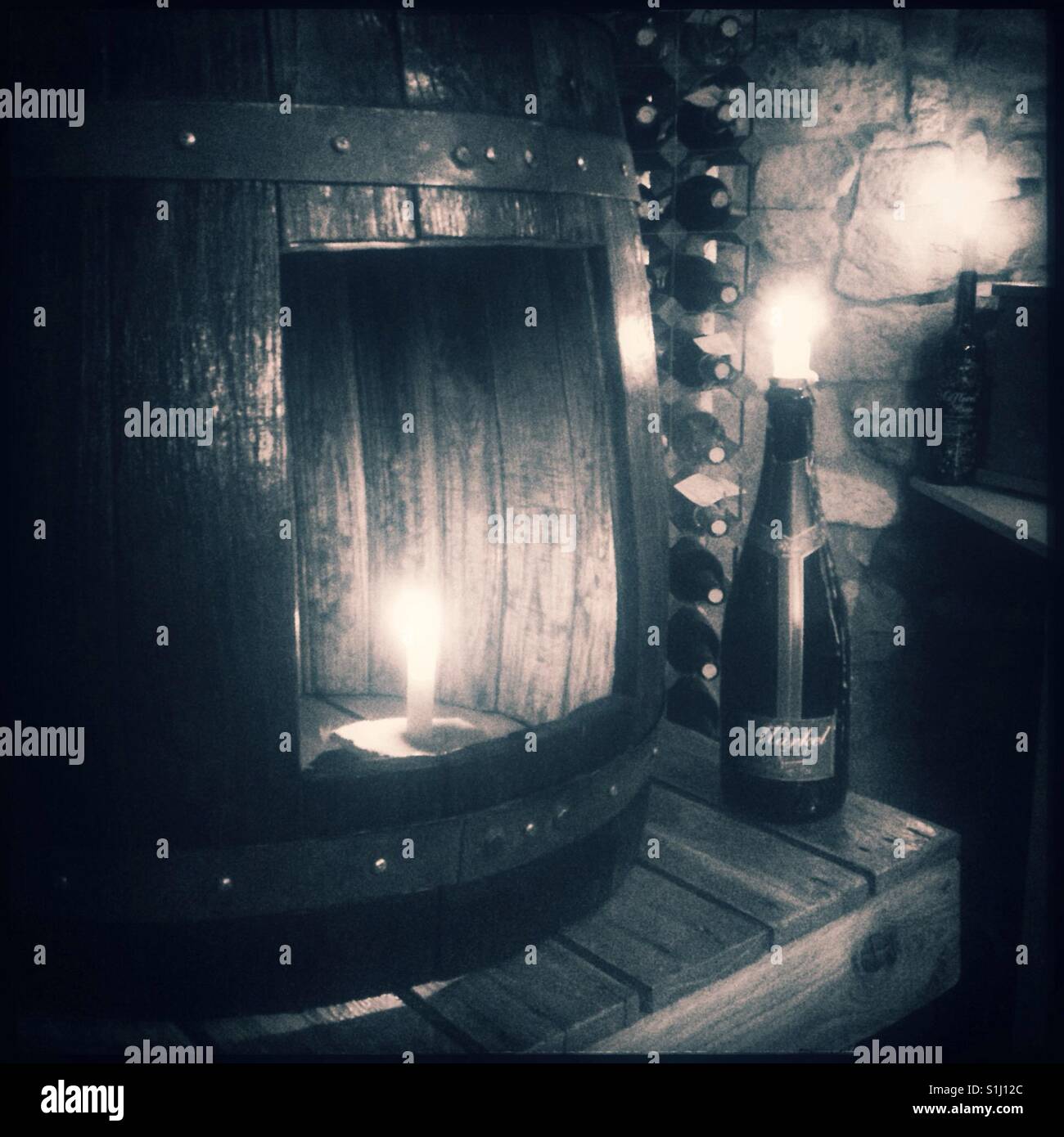 Barrel used for dégorgement [disgorging] in the production of traditional method sparkling wine, Catalonia, Spain. - Smartphone Captured Stock Image