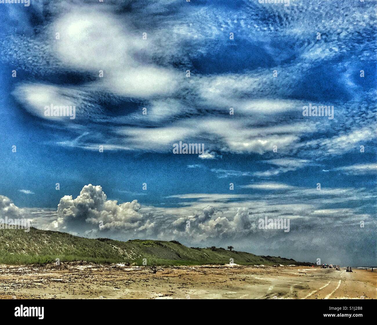 Sunny beach scape with dramatic clouds above green rolling dunes, South Ponte Vedra Beach, Florida - Smartphone Captured Stock Image