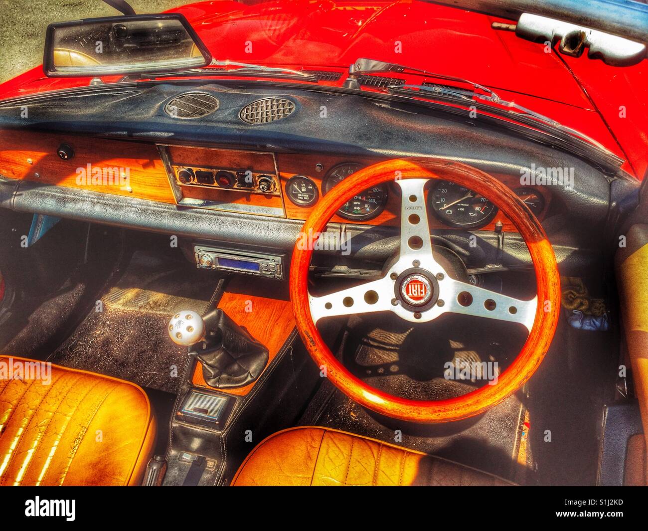 Vintage Fiat sports car (right hand drive) Saxmundham, Suffolk, UK. - Smartphone Captured Stock Image