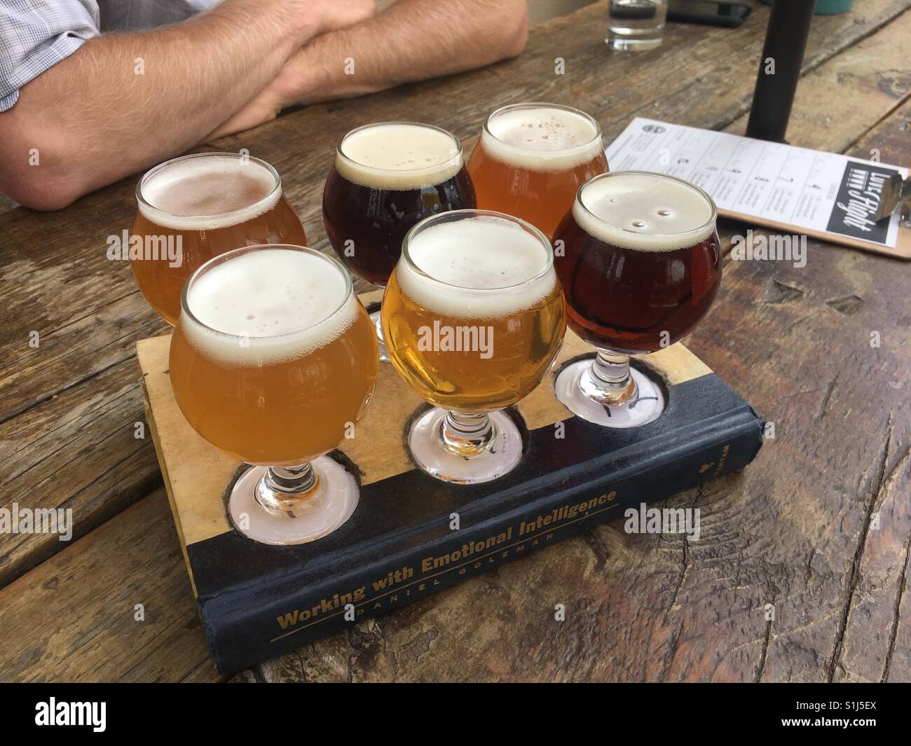 Sampler tray at Historic Brewery in Flagstaff, Arizona, US, on Route 66 Stock Photo