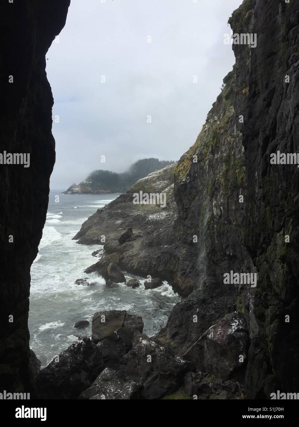 View out of Sea Lion Caves on Oregon Coast Stock Photo