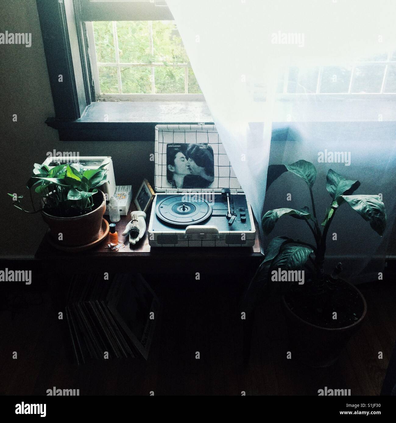 Vintage record player and house plants on a table under windowsill Stock Photo