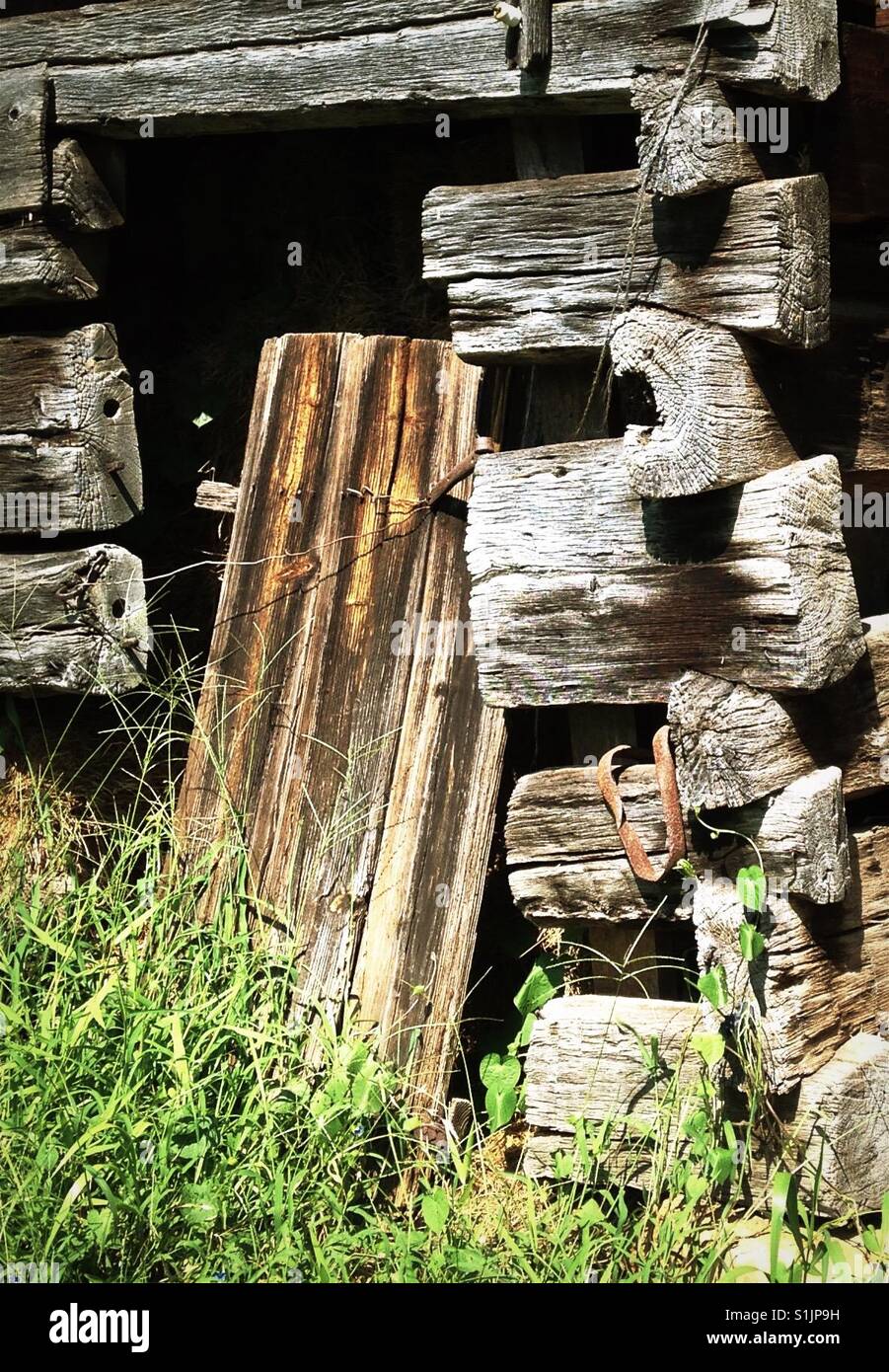 Mortise and tenon door frame on old barn- NC - Smartphone Captured Stock Image