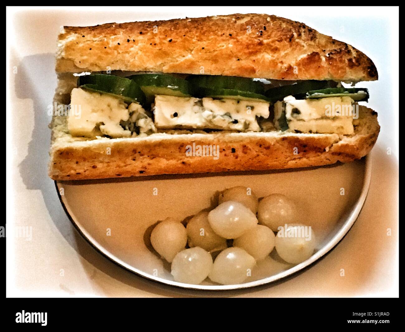 Roquefort and Cucumber sandwich with Silverskin pickled onions Stock Photo Alamy