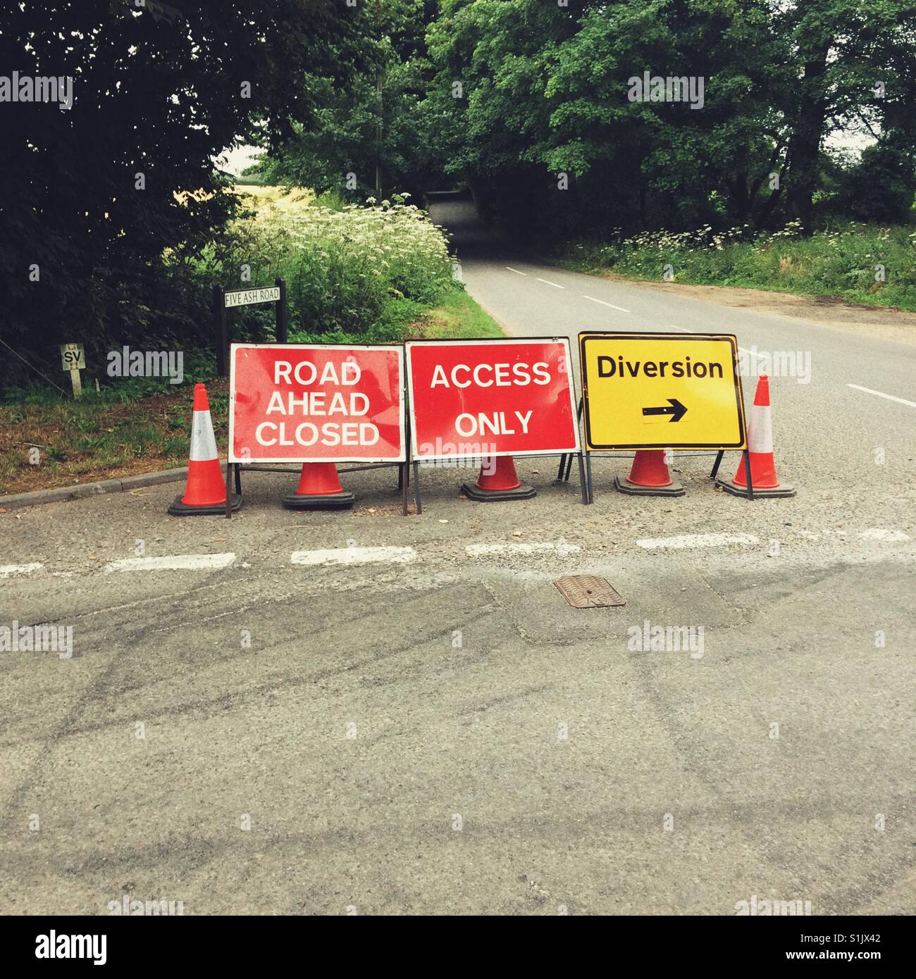 Road closed signs, Medstead, Hampshire, England, United Kingdom. - Smartphone Captured Stock Image
