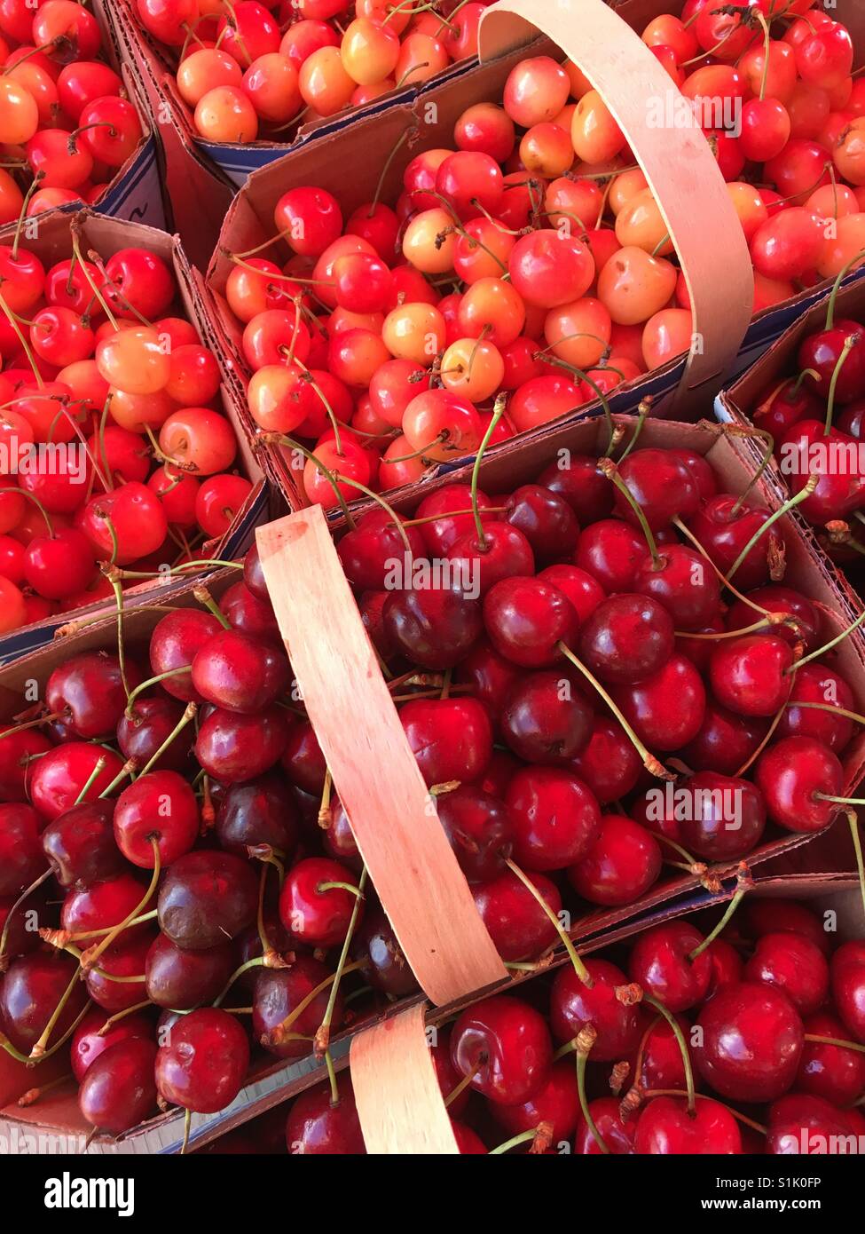 Abstract top angle view of cherry and berries in a farmers market Stock Photo
