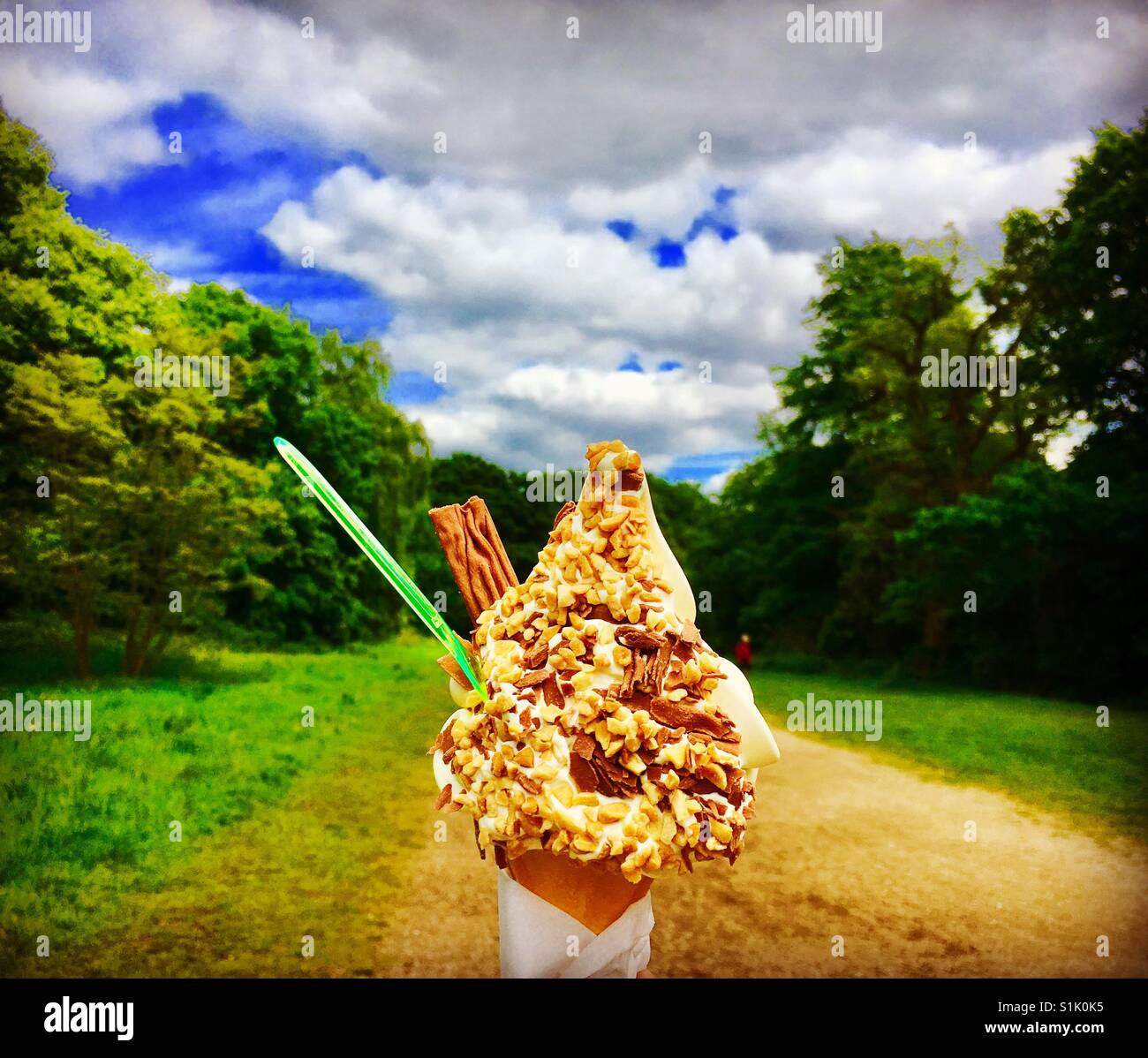 Whipped Soft Vanilla Ice Cream in a Cone with Chocolate Flake & Nuts on Hampstead Heath, London (Often known as a Flake 99 or Mr Whippy) - Smartphone Captured Stock Image Whipped Soft Vanilla Ice Cream in a Cone with Chocolate Flake & Nuts on Hampstead Heath, London (Often known as a Flake 99 or Mr Whippy) - Smartphone Captured Stock Image
