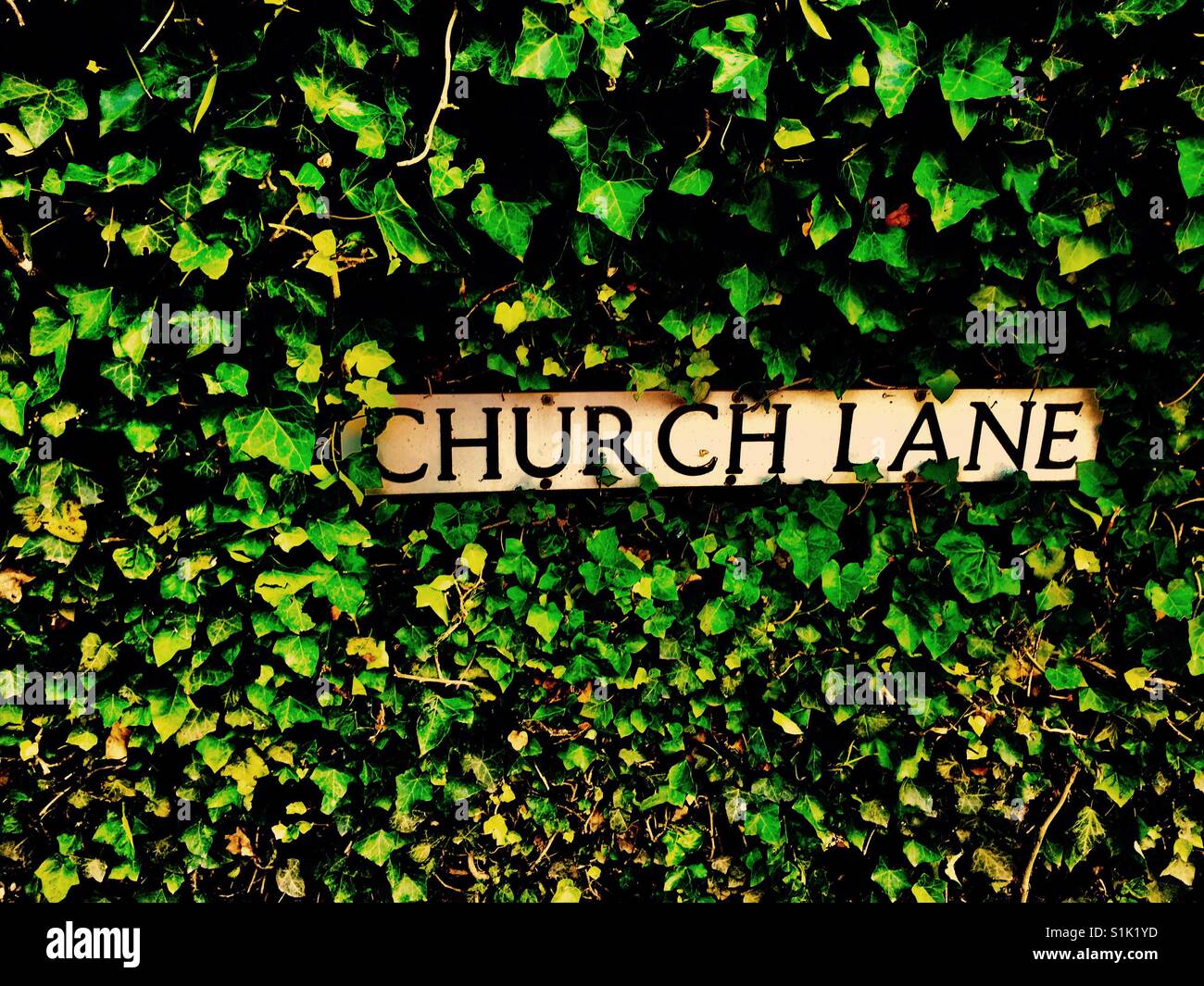 Church lNd sign against ivy greenery Stock Photo