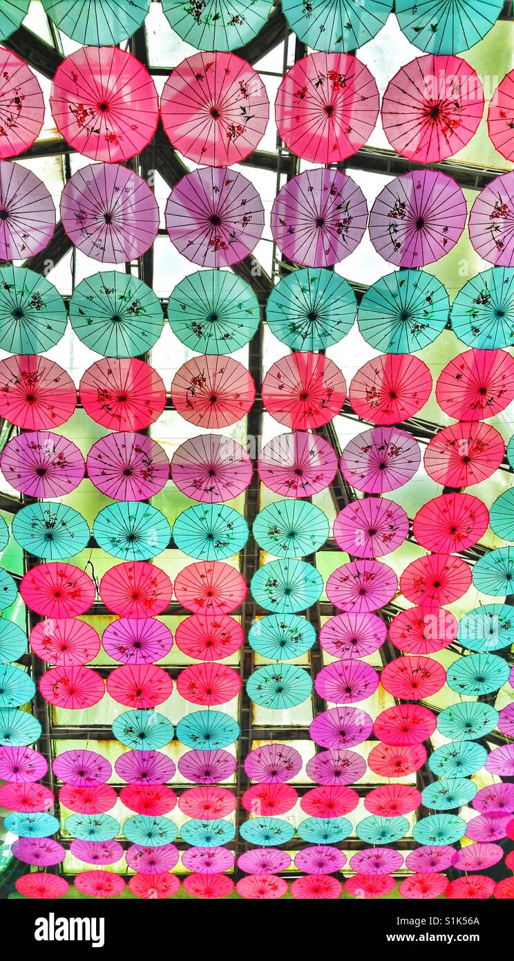 Rows of decorative paper umbrellas. - Smartphone Captured Stock Image