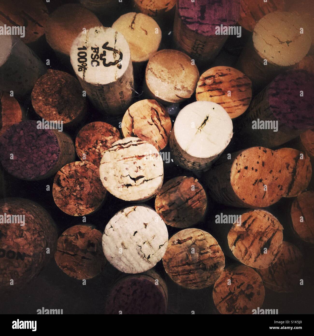 Collection of wine corks above view - Smartphone Captured Stock Image
